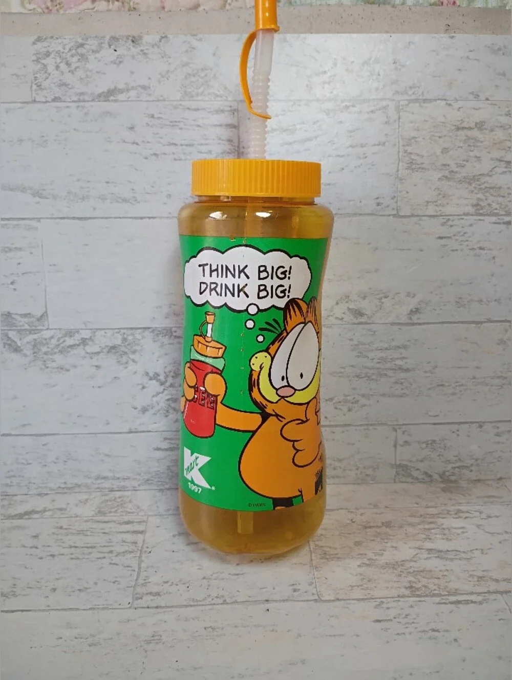 Vintage Garfield Water Bottle Think Big Drink Big Straw KMART Exclusive